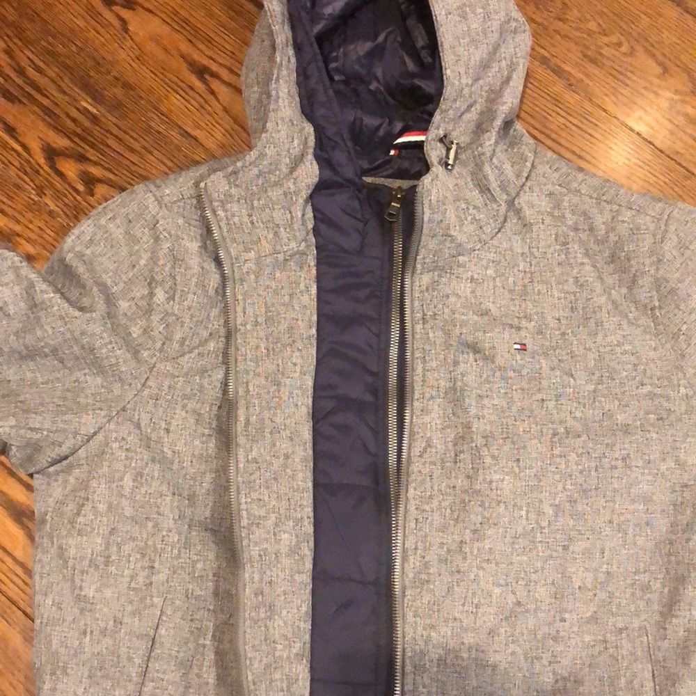 TOMMY HILFIGER Mens Grey Winter Coat Quilted Lining  Double Zipper Hood Sz MED